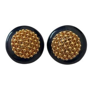 CINER Blue Enamel Gold Plate Dot Weave Dome Clip-On Earrings Vintage Classic